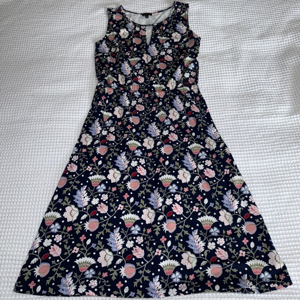 Talbots Dress Navy Blue Floral Jersey Knit Midi A-Line XS Stretch Sleeveless EUC